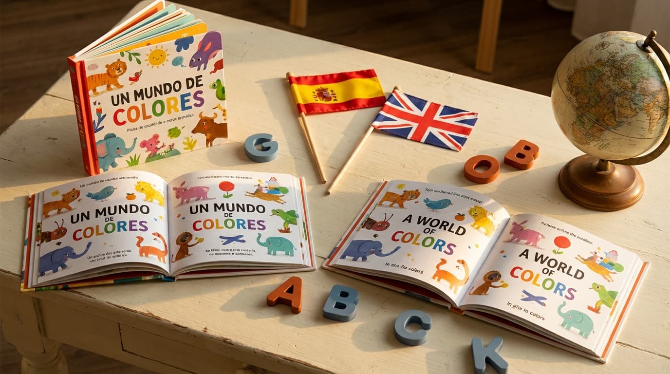 Libros infantiles en dos idiomas con banderitas