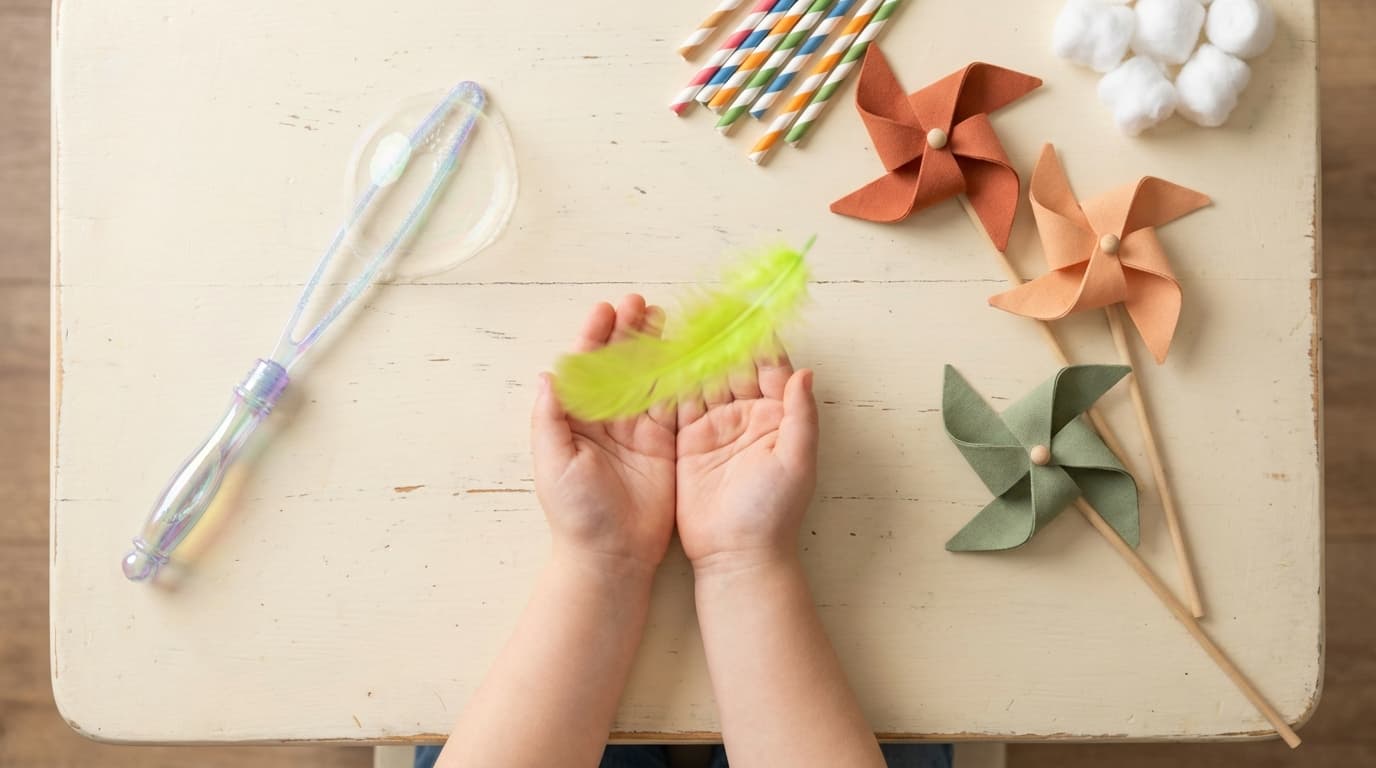 Ejercicios de soplo para niños con plumas y pompas