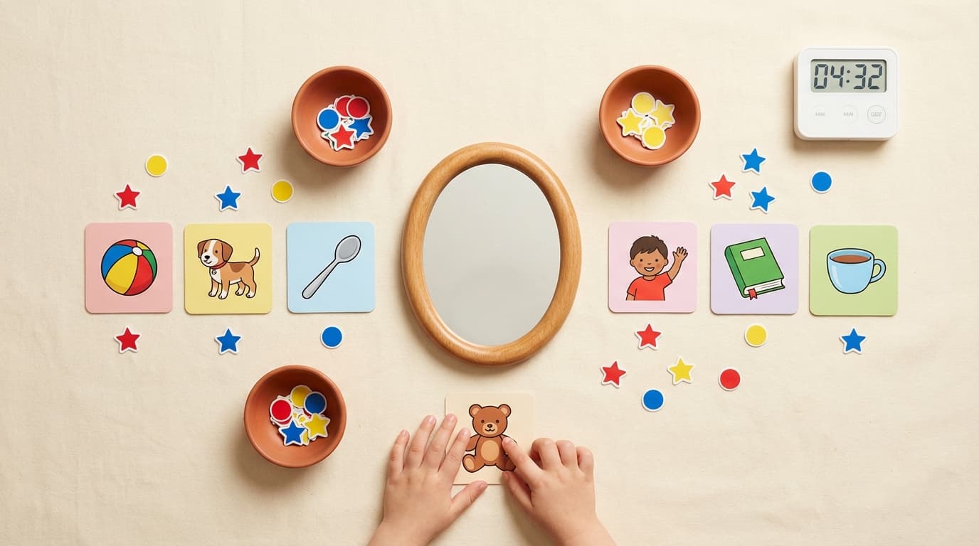 Mesa con materiales de logopedia y tarjetas