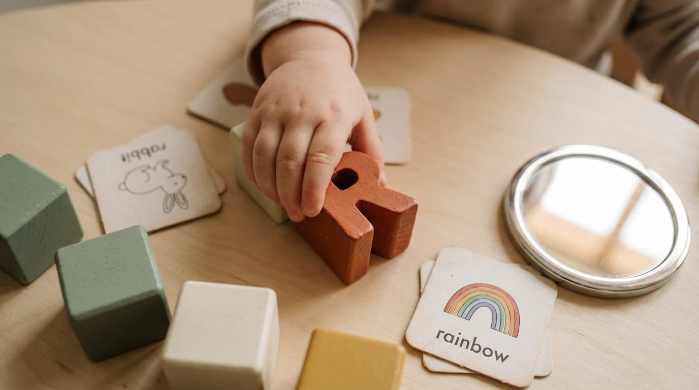 Letra R de madera con materiales de articulación