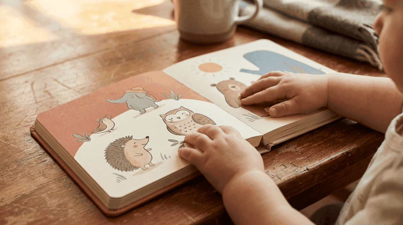 Manos de un niño señalando un libro ilustrado — ilustración del retraso simple del lenguaje